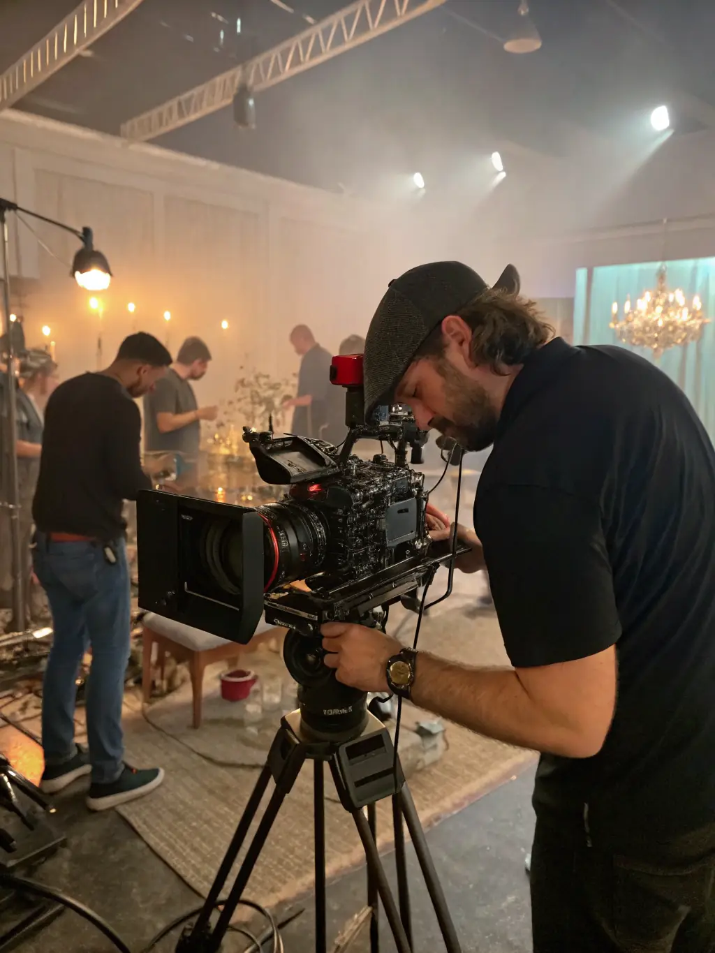 A cinematographer skillfully operating a camera, capturing stunning visuals and lighting on a film set, highlighting the art of visual storytelling at xxxmovies.