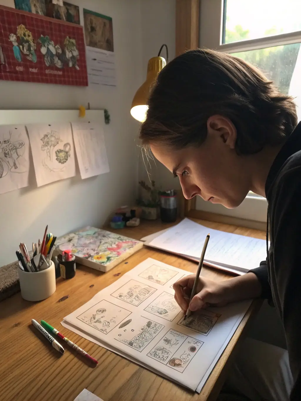 A screenwriter deeply engrossed in writing a script, surrounded by research materials and storyboards, capturing the essence of creative storytelling for xxxmovies.