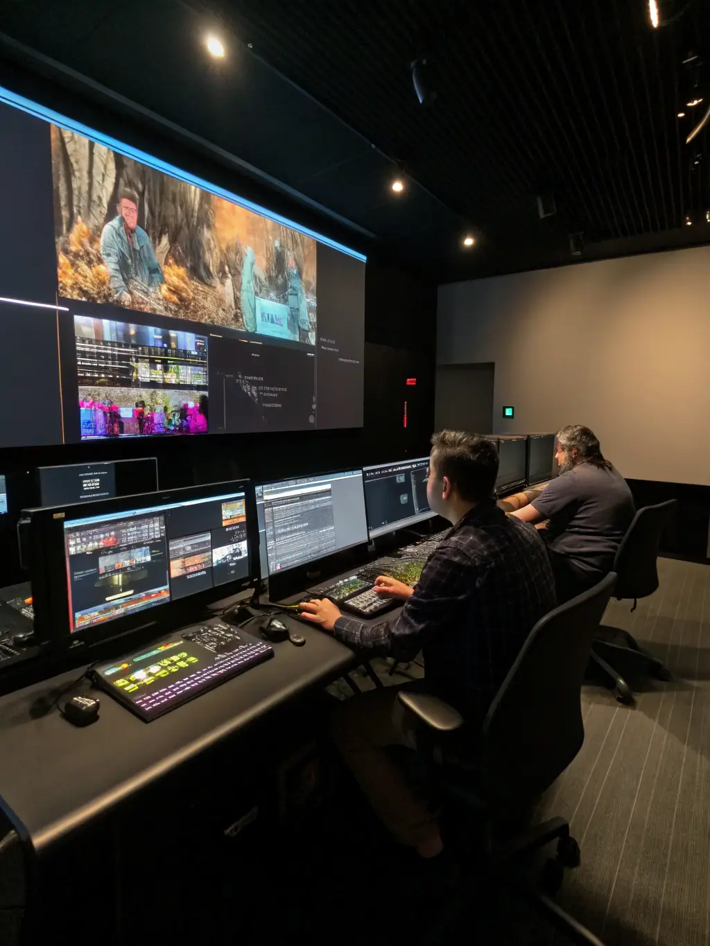 Post-production specialists editing footage and adding visual effects, showcasing the meticulous process of refining a film to perfection at xxxmovies.